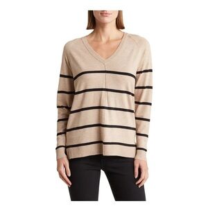 Bobeau stripe V- neck sweater